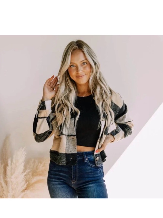 Ashley By 26 International Jackets & Blazers - Ashley By 26 International Plaid Cropped Shacket - Black, Tan & Cream